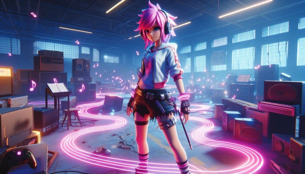 Melodie-style Brawl Stars brawler with neon music trails in a music room.