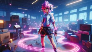 Melodie-style Brawl Stars brawler with neon music trails in a music room.
