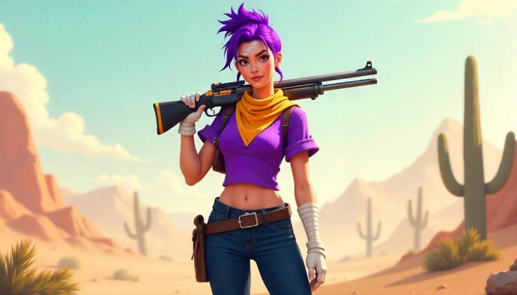 Brawl Stars style brawler wielding a shotgun in a desert map.