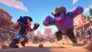 Brawl Stars brawlers charging into a desert showdown arena.