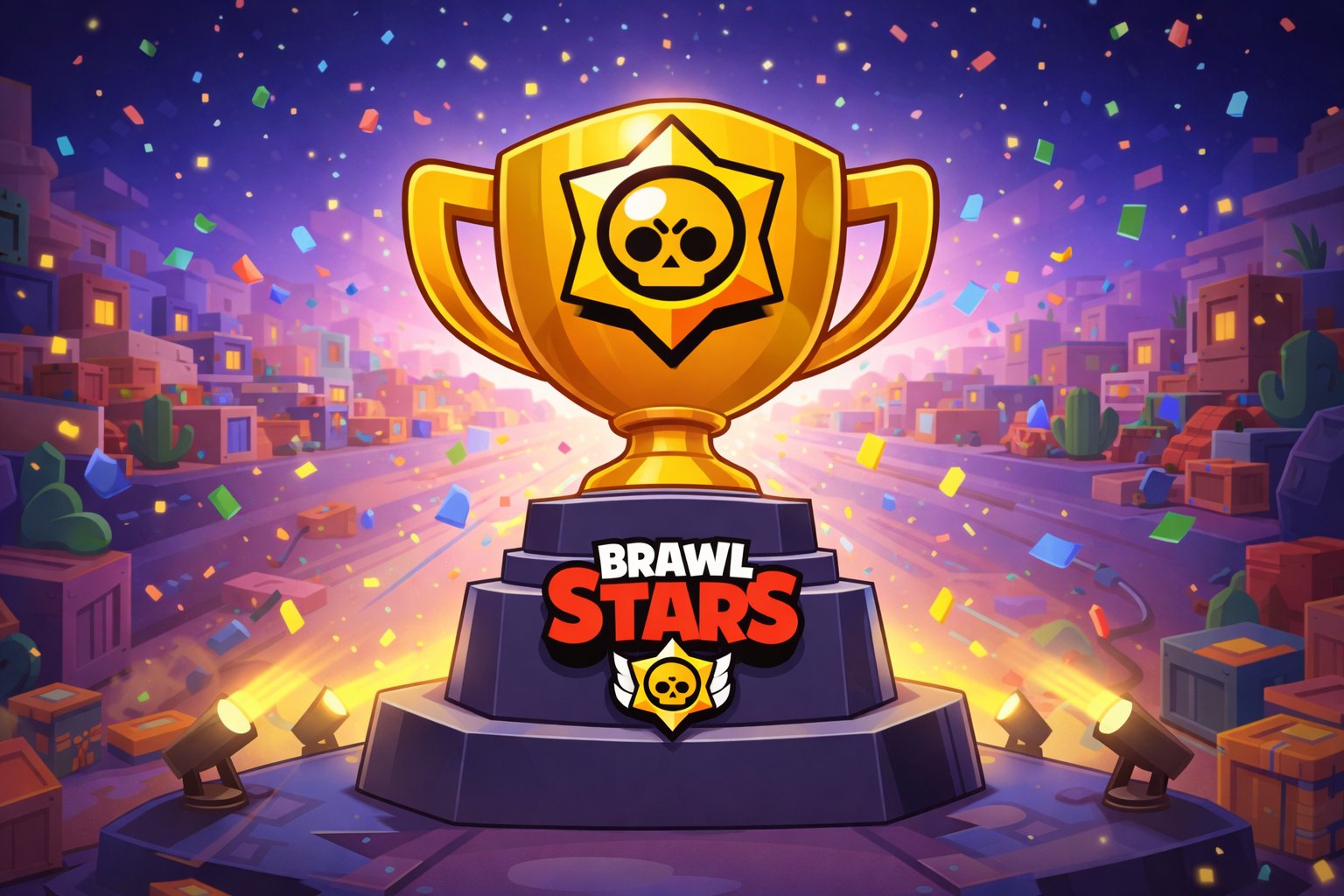 Brawl Stars championship trophy on a podium.
