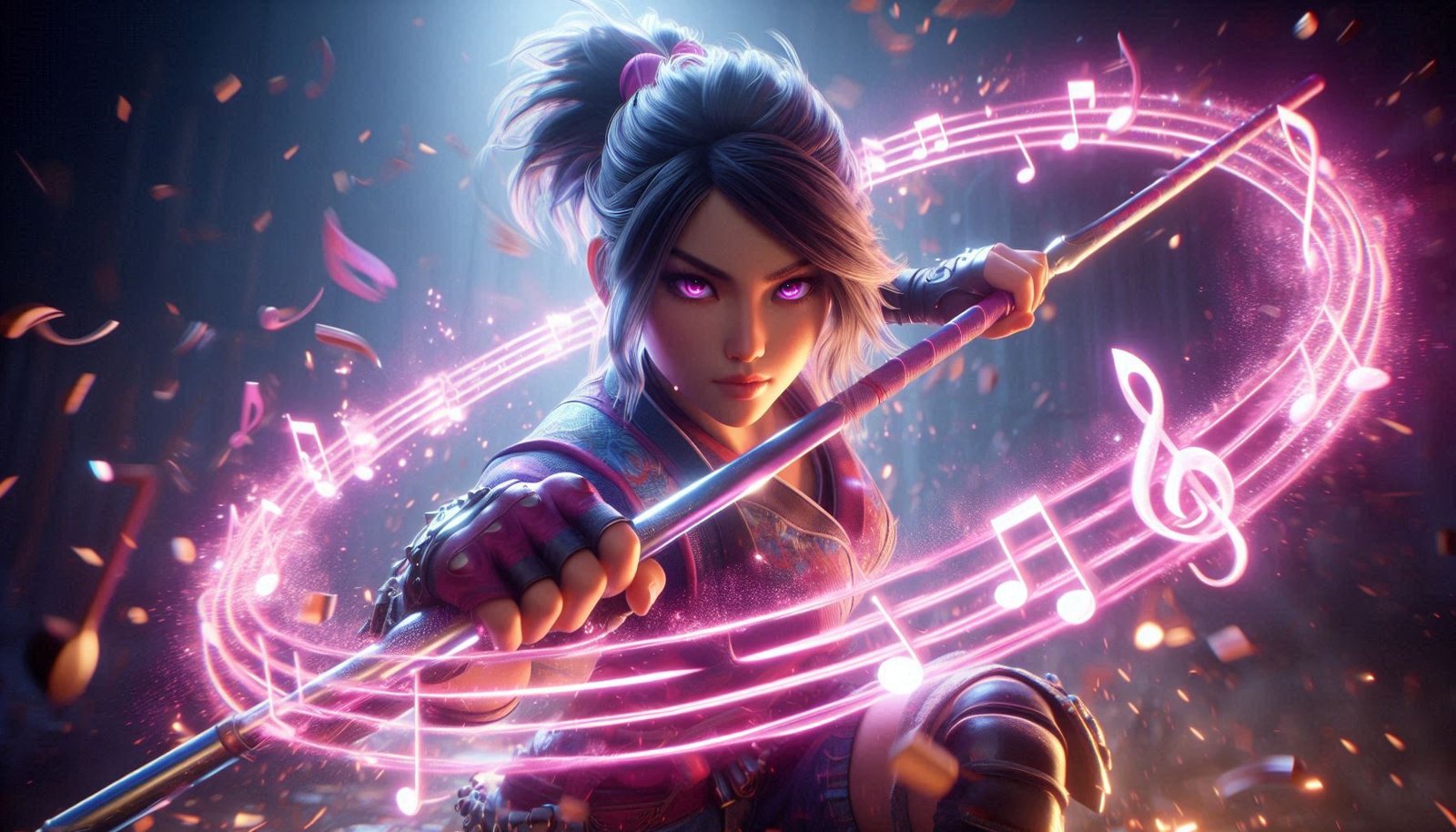 Melodie-style Brawl Stars brawler wielding a glowing bow amid musical notes.