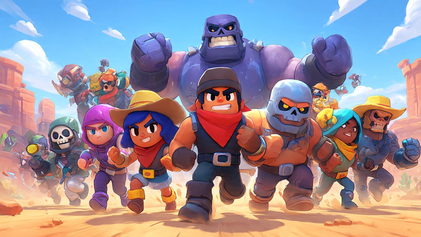 A squad of Brawl Stars brawlers running through a desert map.