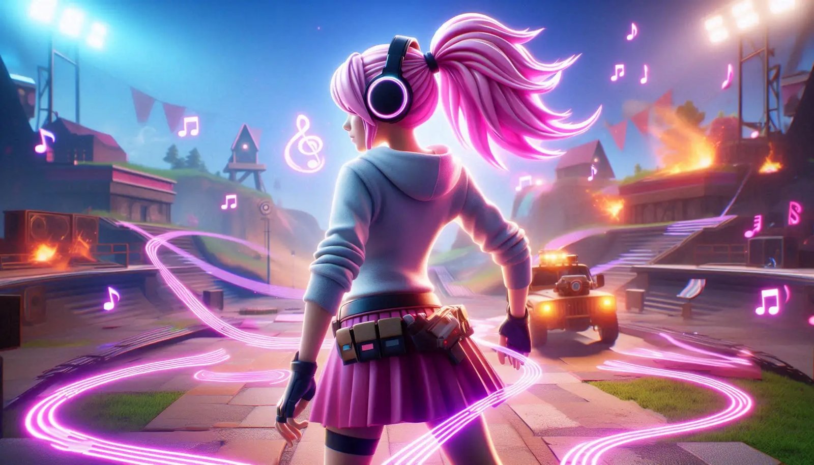 Melodie-style Brawl Stars brawler with headphones on a battlefield.