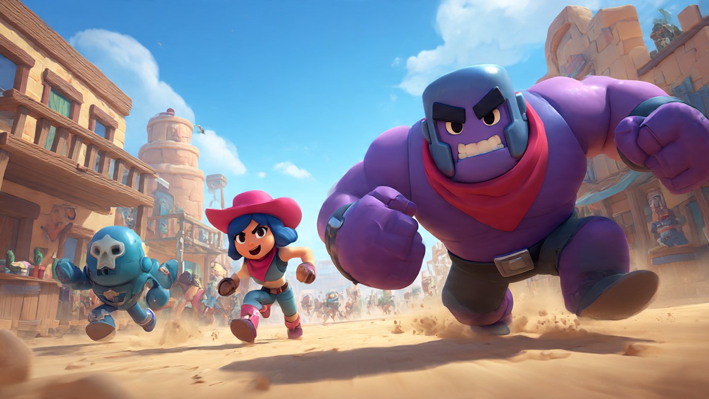 A Brawl Stars brawler chasing an opponent across a desert arena.
