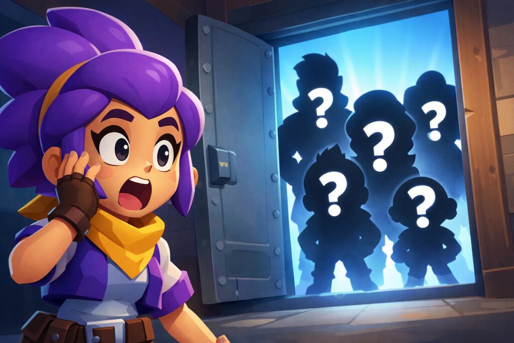 A Brawl Stars brawler discovering new mystery brawlers in a vault.
