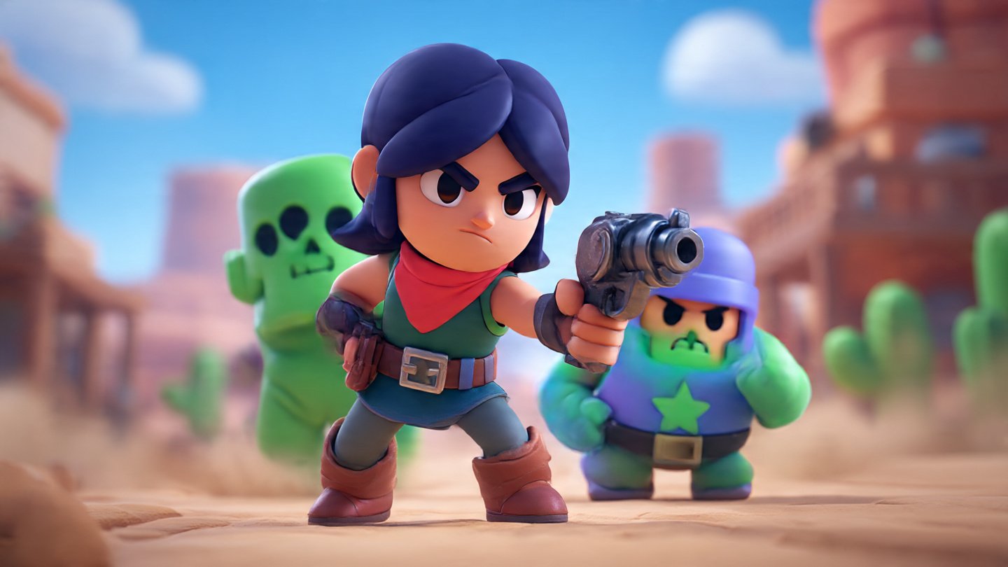 Two Brawl Stars brawlers dueling in a desert town.